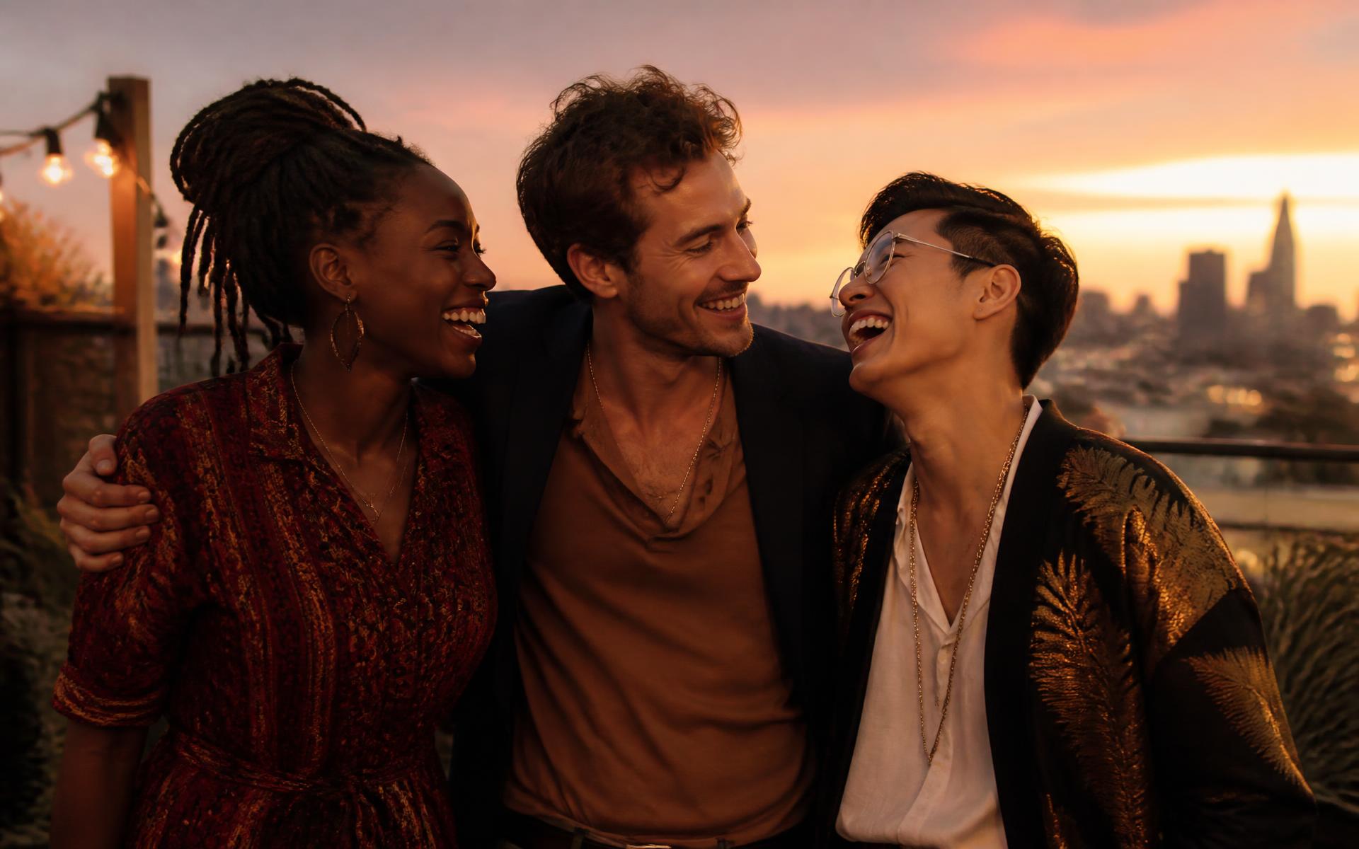 Three adults laughing together on a rooftop at golden hour