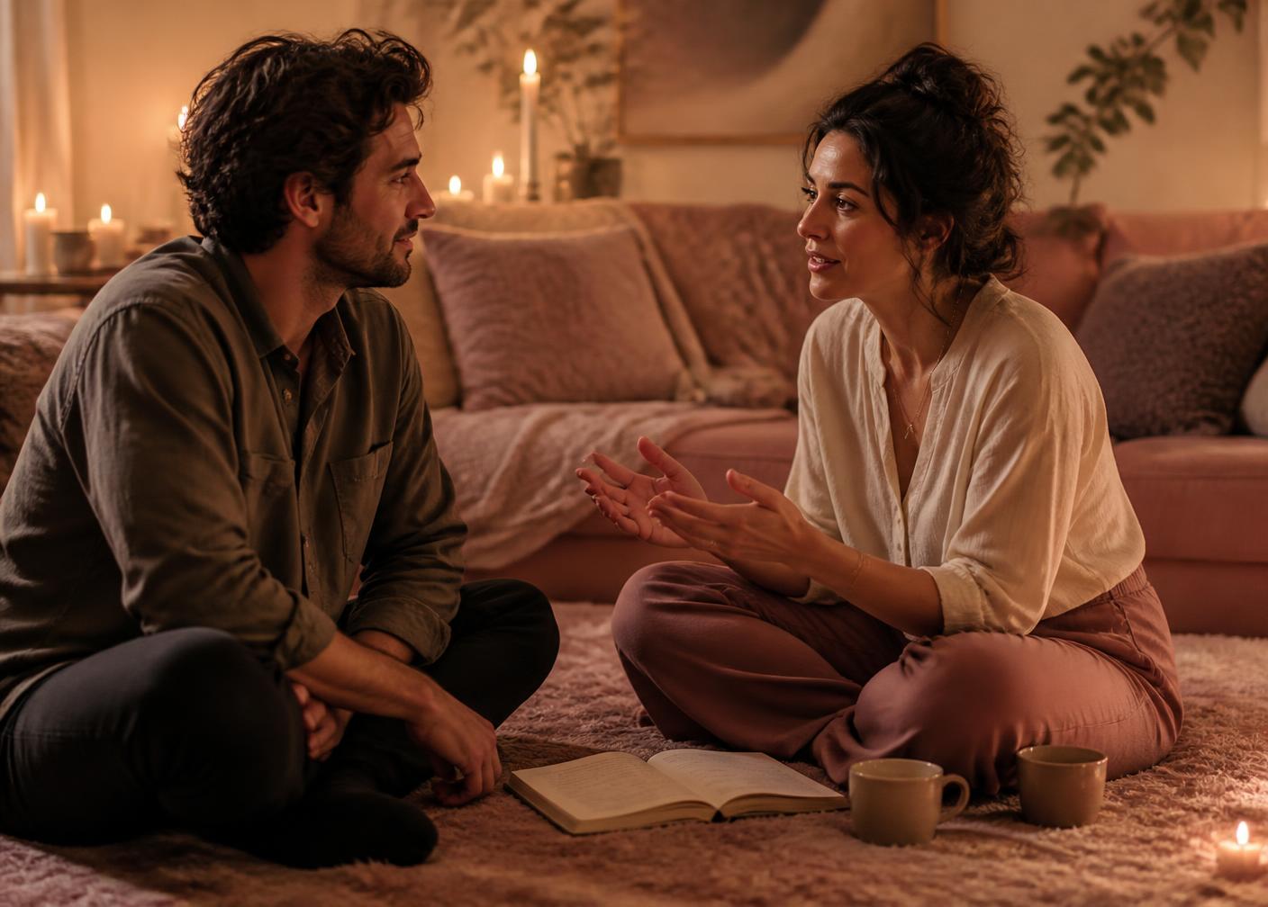 Two adults in a candlelit living room having an honest conversation